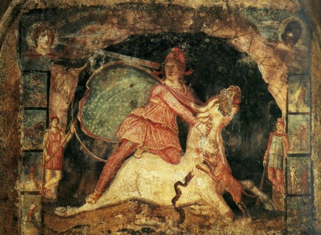 Mithras and the bull, fresco from Temple of Mithras, Marino, Italy, dated 2-nd AD