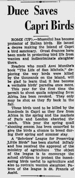 "Duce Saves Capri Birds," This is from San Jose News, 27. dubna 1934