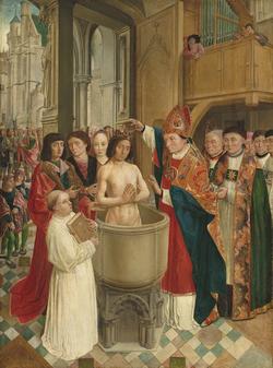 Svatá ampule - Biskup Remigius křtí krále Chlodvíka I.