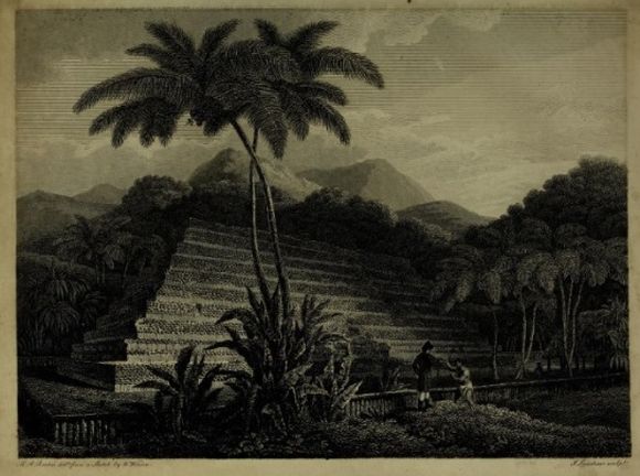 Desetistupňová pyramida z Tahiti, dnes rovněž rozebraná; deset pyramidálních stupňů má odpovídat deseti nebesům polynéské kosmologie