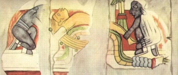 Obětování bílého muže černými, nástěnná malba č. 145 v tzv. Chrámu válečníků v Chichén Itzá