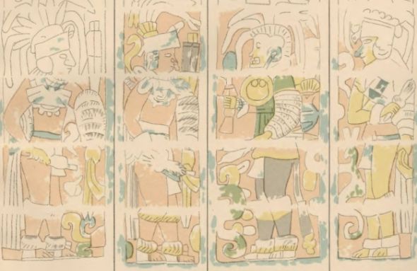 Sloup č. 9 v severozápadním sloupořadí Chrámu válečníků – žlutá, červená a modrá / černá postava